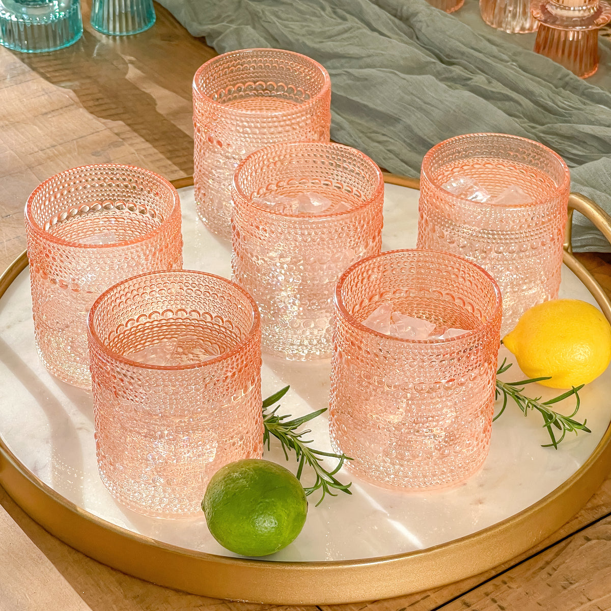 Kate Aspen Rose Gold Hobnail Beaded Drinking Glasses Set of 6-10 oz Vintage Glassware  Set