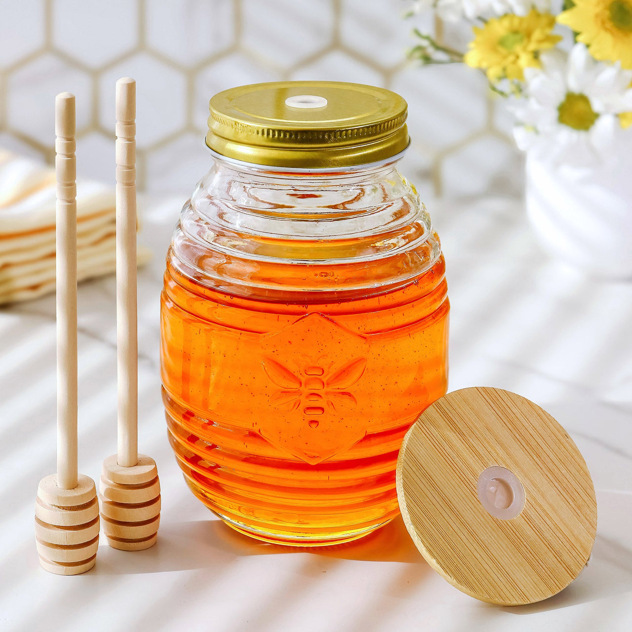 Glass Bee Honey Jar and Dipper Set (2 Lids and Dippers) - Main Image