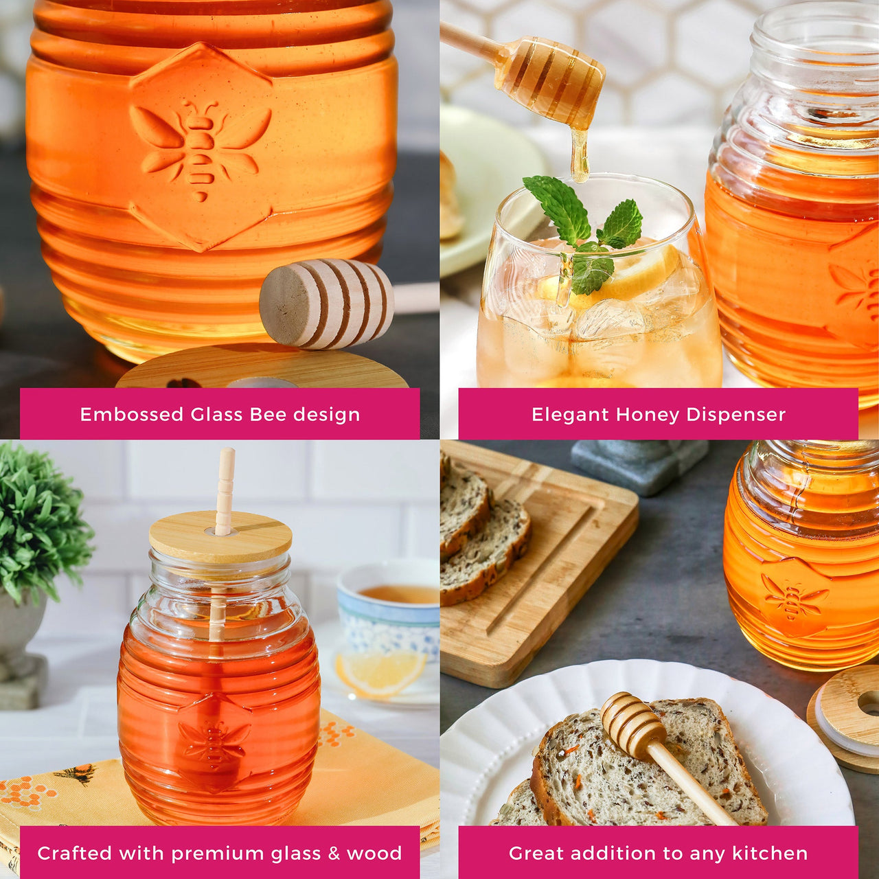 Glass Bee Honey Jar and Dipper Set (2 Lids and Dippers) - Alternate Image 5