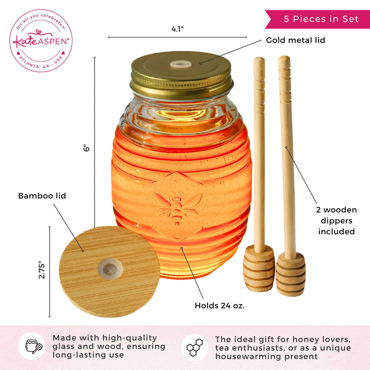 Glass Bee Honey Jar and Dipper Set (2 Lids and Dippers) - Alternate Image 6