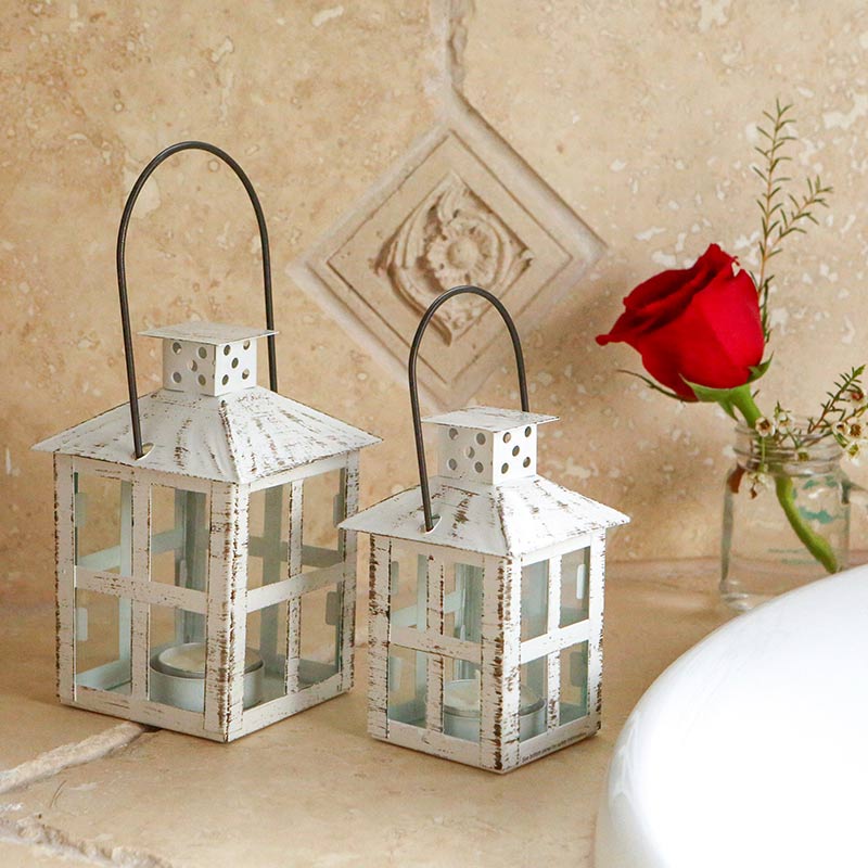 Kate Aspen Luminous Distressed White Mini-Lantern Tea Light Holder