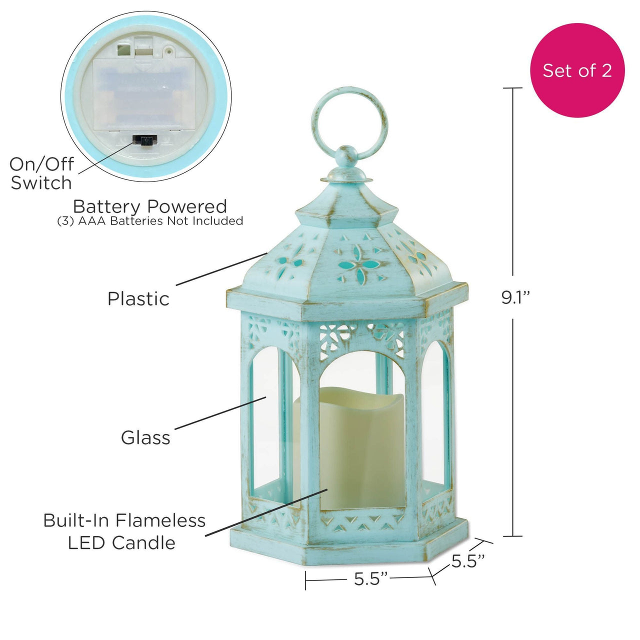 Set of 2 Vintage Style Decorative Lantern Plastic Battery Powered Glass  Lights