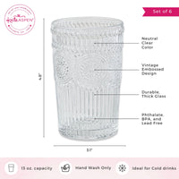 Vintage Textured Clear Striped Drinking Glasses Set of 24, (13 oz) Ribbed  Glassware Set with Flower Design