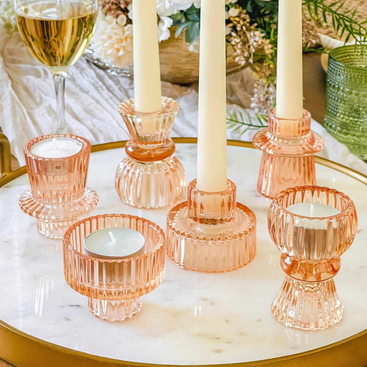 Vintage Ribbed Glass Rose Gold Candle/Candlestick Holders Set of 6 - A
